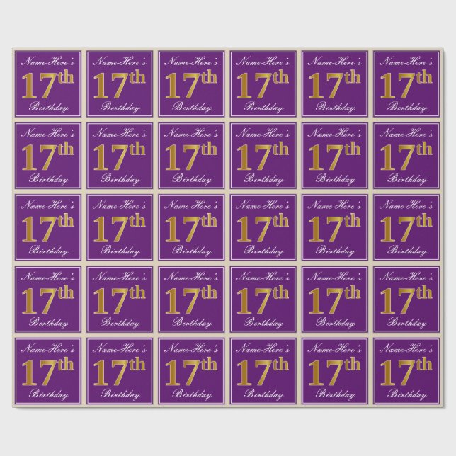 Papier Cadeau Elégant, pourpre, Faux Gold 17ème anniversaire + N (Plat)