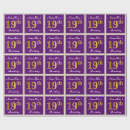 Papier Cadeau Elégant, pourpre, Faux Gold 19e anniversaire + Nom
