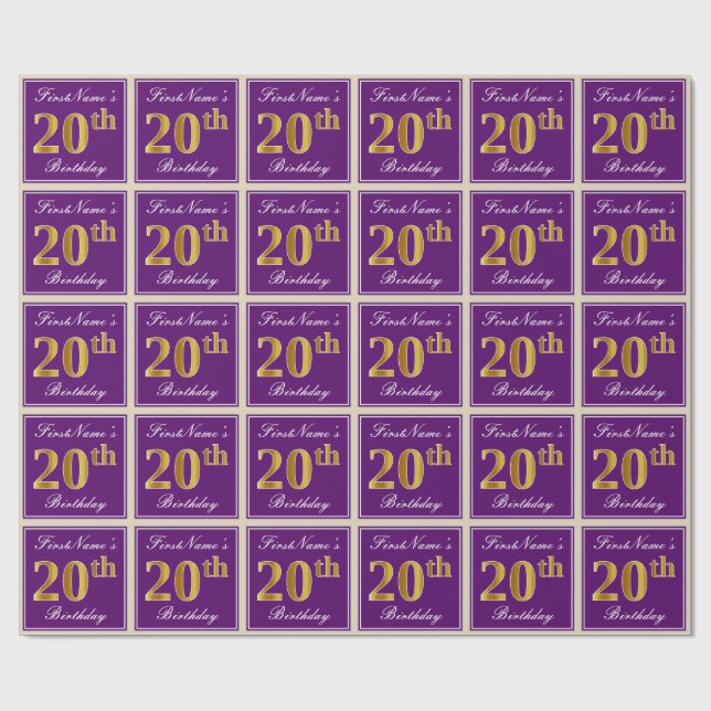 Papier Cadeau Elégant, pourpre, Faux Gold 20e anniversaire + Nom (Plat)