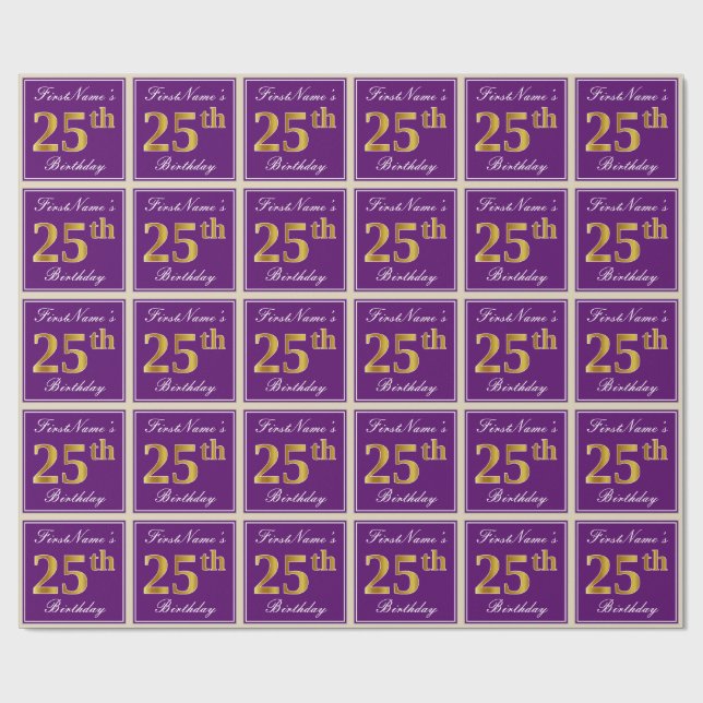 Papier Cadeau Elégant, pourpre, Faux Gold 25e anniversaire + Nom (Plat)