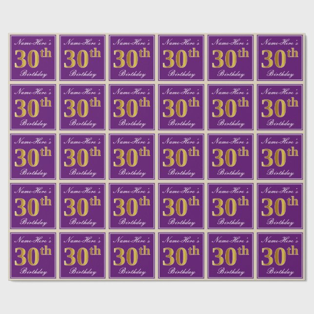Papier Cadeau Elégant, pourpre, Faux Gold 30e anniversaire + Nom (Plat)