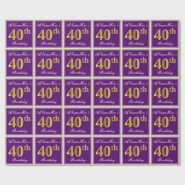 Papier Cadeau Elégant, pourpre, Faux Gold 40e anniversaire + Nom (Plat)