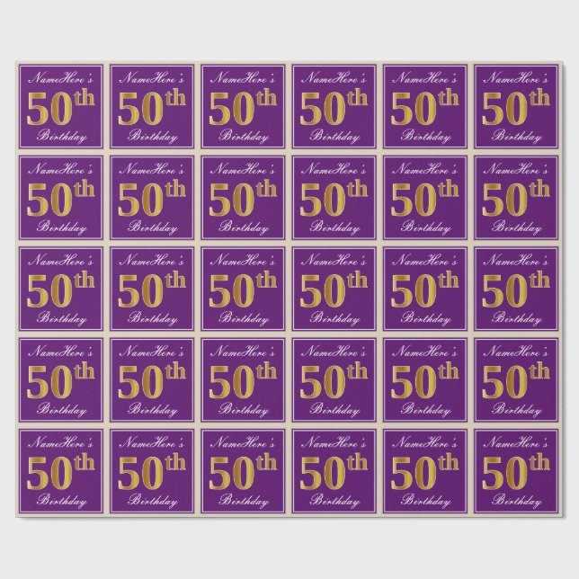 Papier Cadeau Elégant, pourpre, Faux Gold 50e anniversaire + Nom (Plat)
