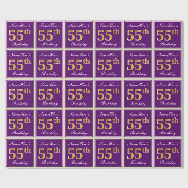 Papier Cadeau Elégant, pourpre, Faux Gold 55e anniversaire + Nom (Plat)