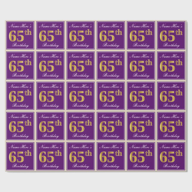 Papier Cadeau Elégant, pourpre, Faux Gold 65e anniversaire + Nom (Plat)