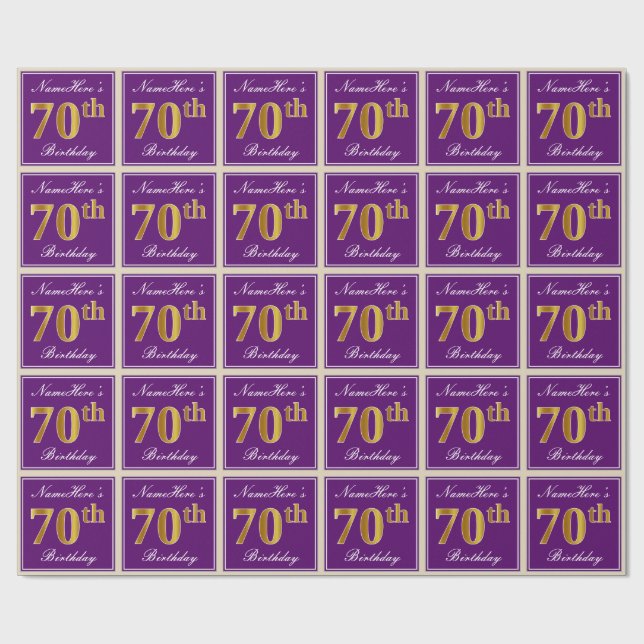 Papier Cadeau Elégant, pourpre, Faux Gold 70e anniversaire + Nom (Plat)