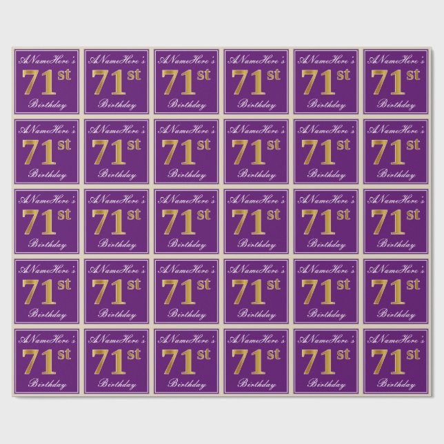 Papier Cadeau Elégant, pourpre, Faux Gold 71e anniversaire + Nom (Plat)