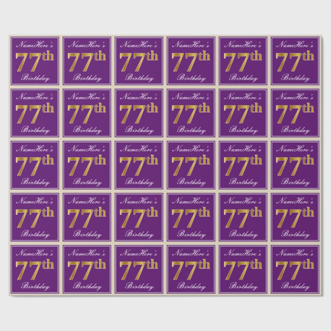 Papier Cadeau Elégant, pourpre, Faux Gold 77e anniversaire + Nom (Plat)