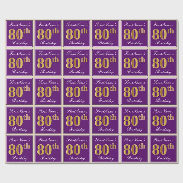 Papier Cadeau Elégant, pourpre, Faux Gold 80e anniversaire + Nom (Plat)