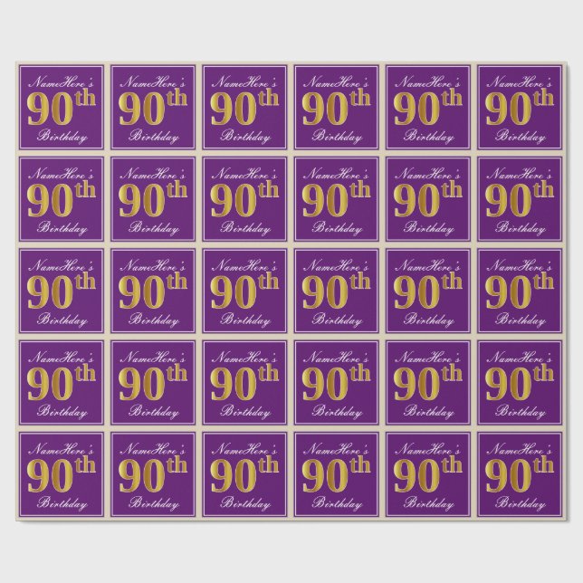 Papier Cadeau Elégant, pourpre, Faux Gold 90e anniversaire + Nom (Plat)