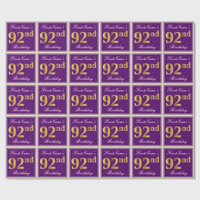 Papier Cadeau Elégant, pourpre, Faux Gold 92e anniversaire + Nom (Plat)