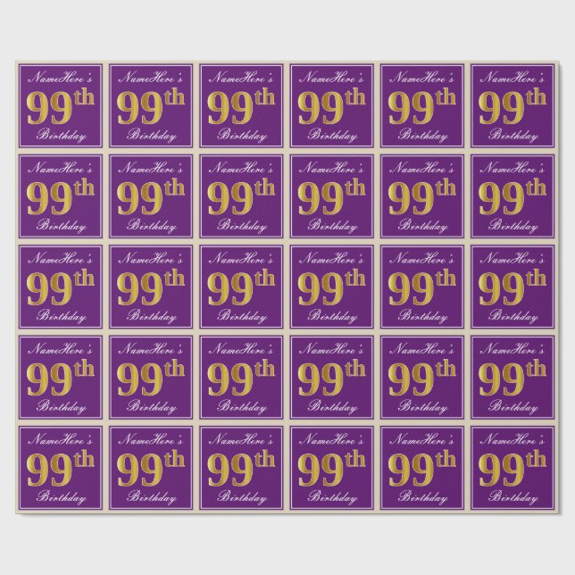 Papier Cadeau Elégant, pourpre, Faux Gold 99e anniversaire + Nom (Plat)