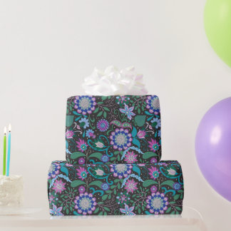 Papier Cadeau Elegant Purple Boho Flowers on Black