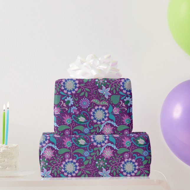Papier Cadeau Elegant Purple Boho Flowers on Purple (Cadeaux de fête)