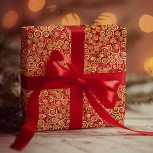 Papier Cadeau Élégant Red & Gold Swirls Motif Boho Noël
