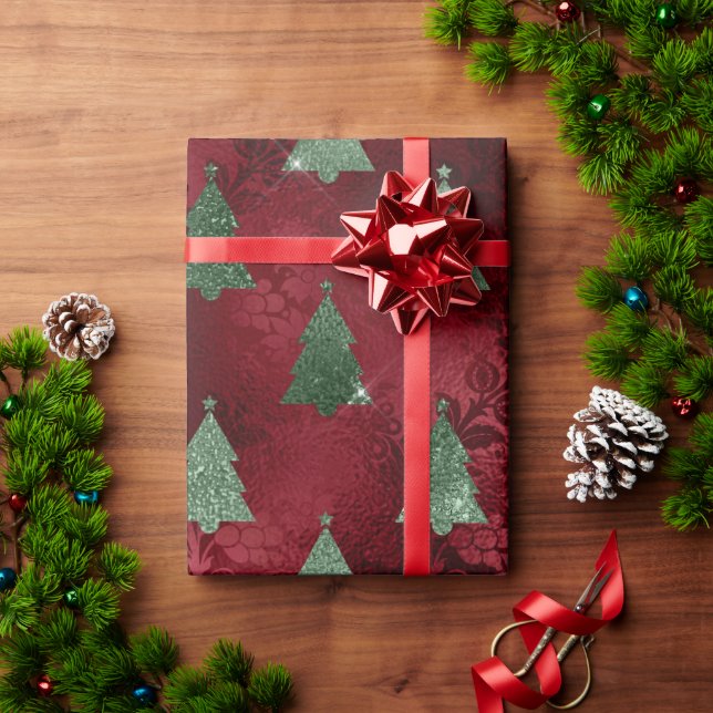 Papier Cadeau Élégant Red Green Arbres de Noël Damask (Cadeau de vacances)