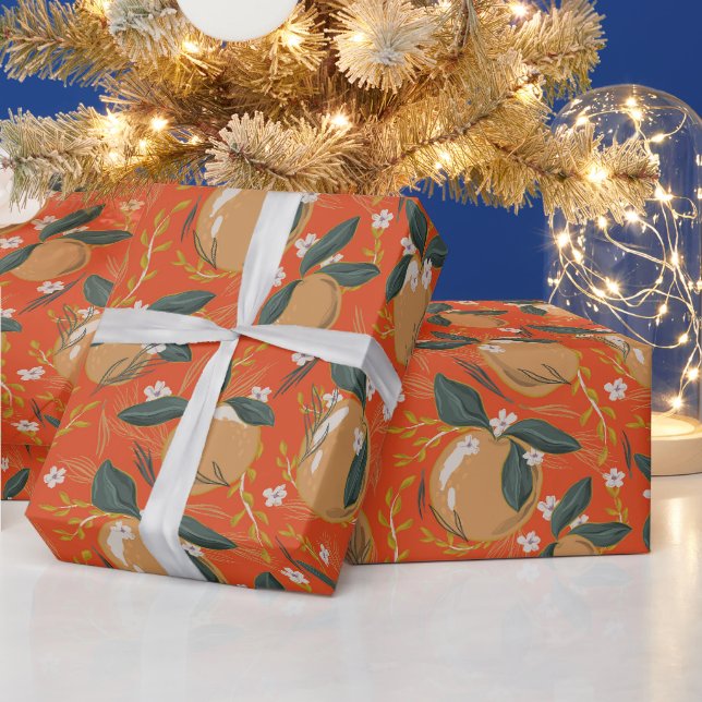 Papier Cadeau Élégant Red Green Gold Fruit d'hiver (Vacances)