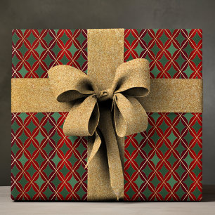 Papier Cadeau Elégant Red Green Gold Harlequin Motif de luxe