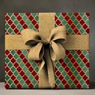 Papier Cadeau Elégant Red Green Gold Luxury Quatrefoil Motif