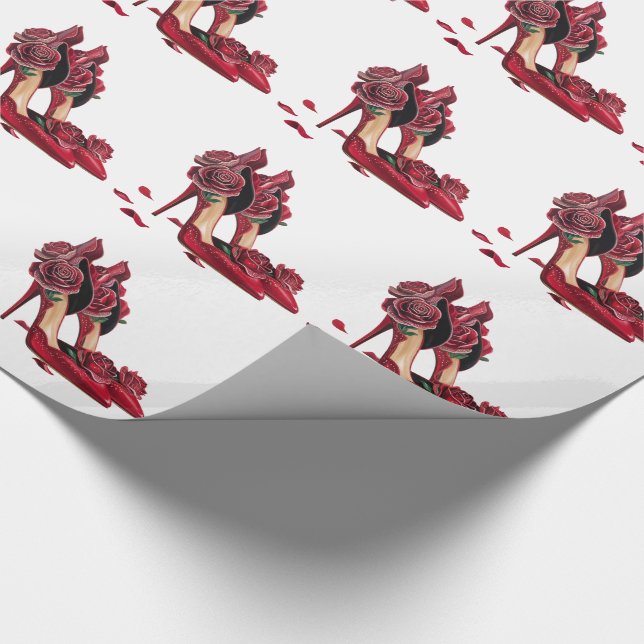 Papier Cadeau Elegant Red High Heels with Golden Roses           (Coin)