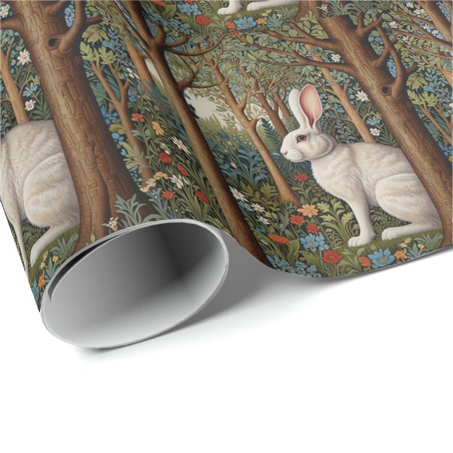 Papier Cadeau Elégant retro boho blanc lapin boisé fleurs (Coin rond)