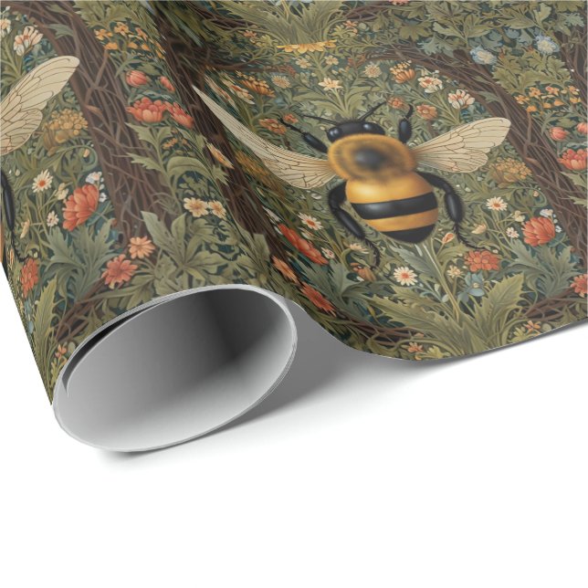 Papier Cadeau Elégant rétro bumblebee boho botanique floral art (Coin rond)