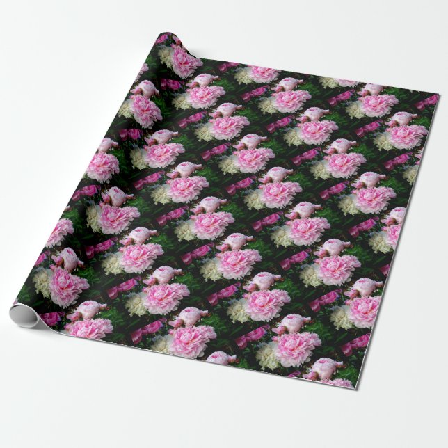 Papier Cadeau Elégant romantique Rose Blanc floral Peonies (Déroulé)