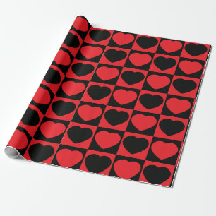 Papier Cadeau Élégant Romantique Rouge Coeurs Noirs Motif Checke