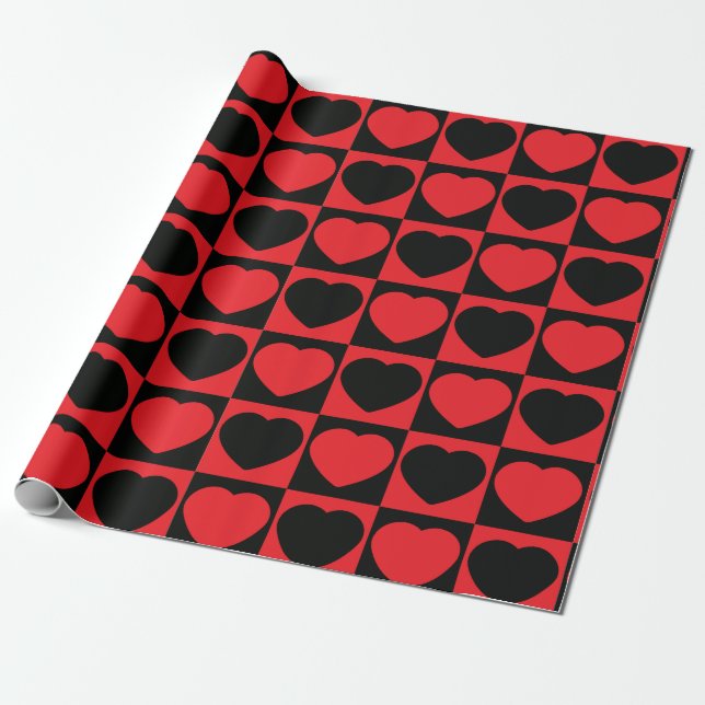 Papier Cadeau Élégant Romantique Rouge Coeurs Noirs Motif Checke (Déroulé)