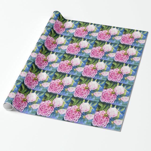 Papier Cadeau Elégant rose blanc classique aquarelle floral (Déroulé)