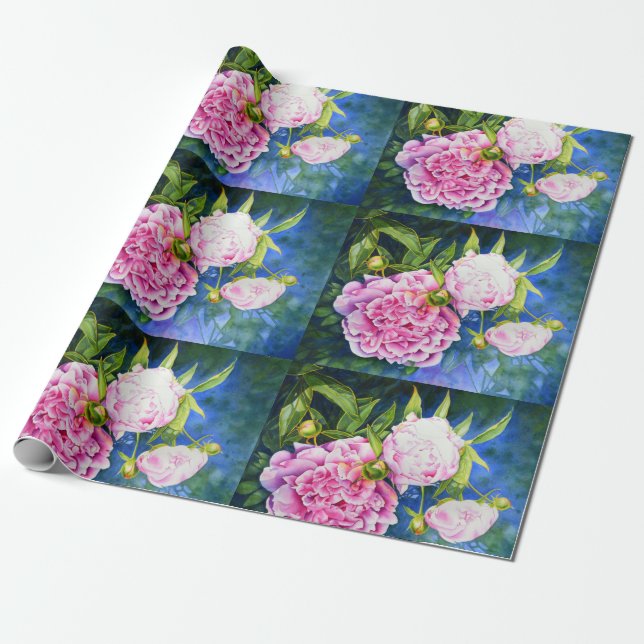 Papier Cadeau Elégant rose blanc classique aquarelle floral (Déroulé)