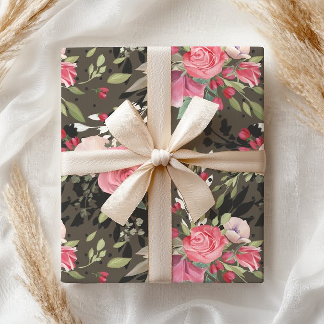 Papier Cadeau Élégant rose blanc noir Rose Floral (Créateur téléchargé)