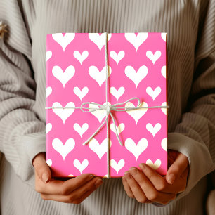 Papier Cadeau Élégant Rose Chaud Cœur Blanc Vintage