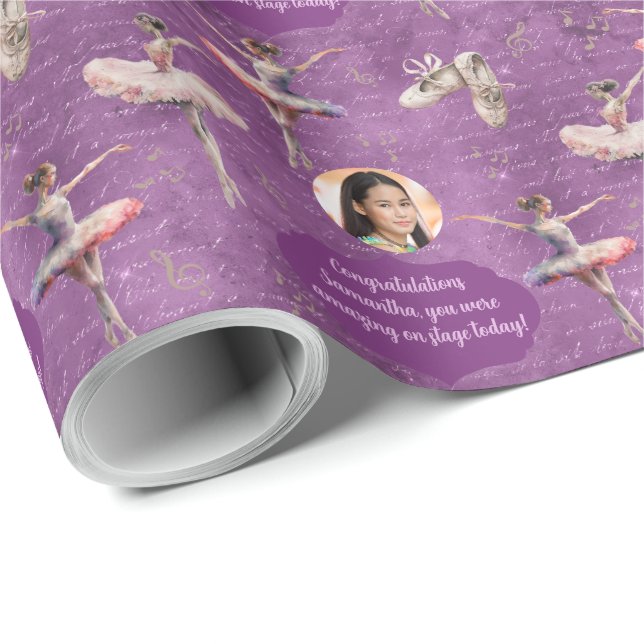 Papier Cadeau Élégant rose chic pourpre Nom Texte Photo Ballerin (Coin rond)