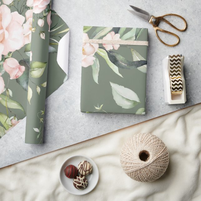 Papier Cadeau Élégant rose clair Eucalyptus vert moderne (Artisanat)