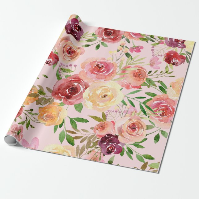 Papier Cadeau Elégant rose Floral Aquarelle Pierre Flower (Déroulé)