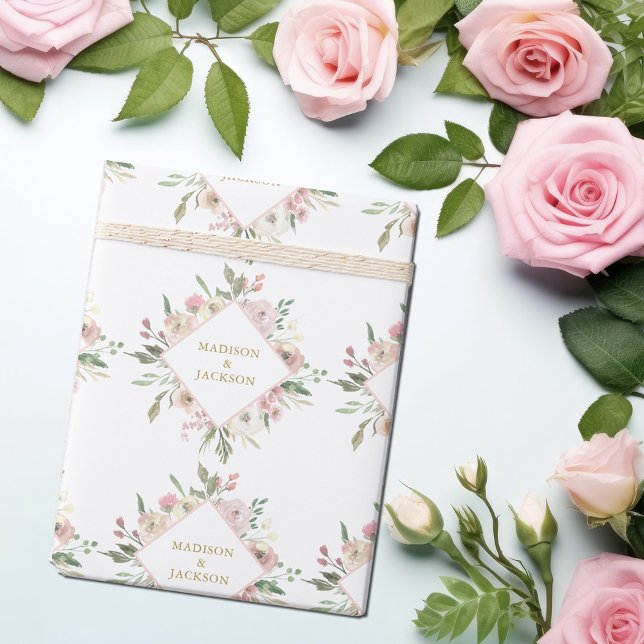 Papier Cadeau Élégant rose floral or Script personnalisé mariage (Créateur téléchargé)