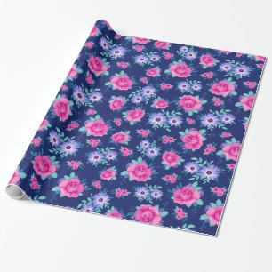 Papier Cadeau Élégant Rose Floral rose violet Motif bleu