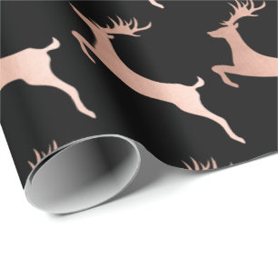 Papier Cadeau Élégant Rose Gold Black Christmas Reinder Motif