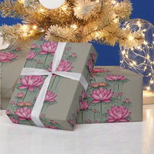 Papier Cadeau Élégant rose Lotus Fleur Botanique Gris