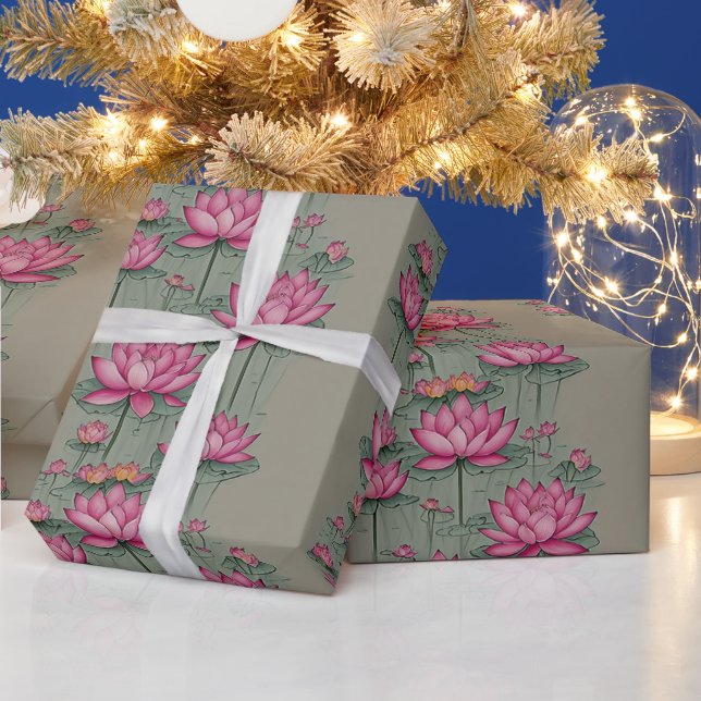 Papier Cadeau Élégant rose Lotus Fleur Botanique Gris (Vacances)