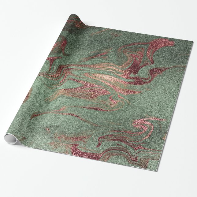 Papier Cadeau Élégant rose moderne en cuivre, marbre vert or (Déroulé)