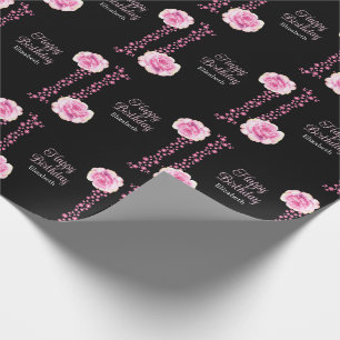 Papier Cadeau Élégant rose rose florale noir Joyeux anniversaire