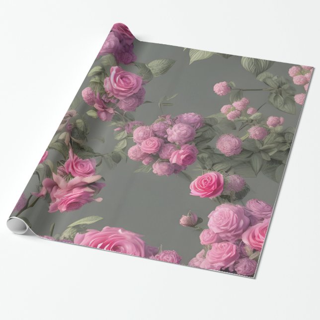 Papier Cadeau Élégant Roses Roses Roses Rose Papier d'enveloppem (Déroulé)