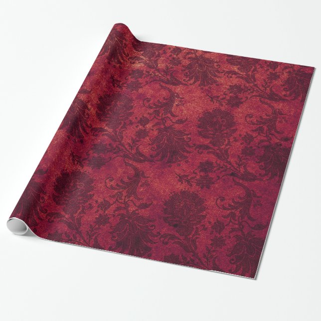 Papier Cadeau Elégant rouge damassé motif floral (Déroulé)