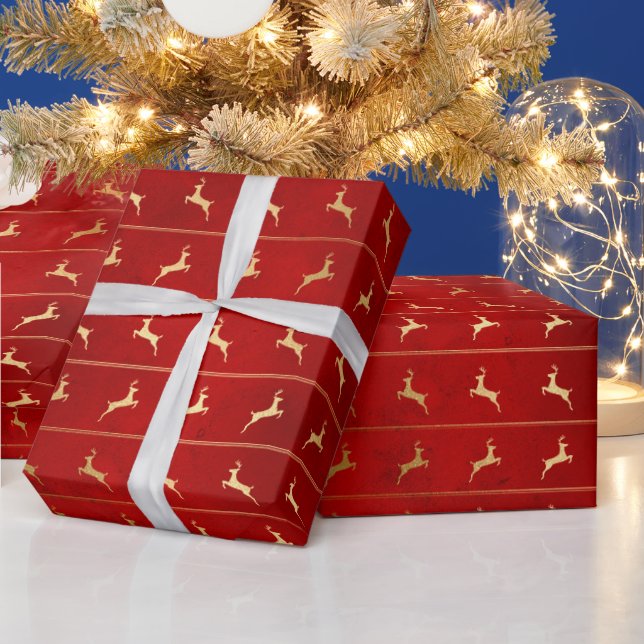 Papier Cadeau Élégant rouge de rennes rayé motif Noël (Vacances)
