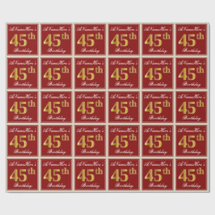 Papier Cadeau Élégant, Rouge, Doré Faux Anniversaire 45 ans ; No