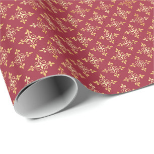 Papier Cadeau Elégant rouge et or Quatre Floral Festif Damask