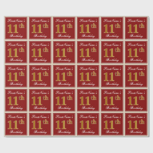Papier Cadeau Elégant, Rouge, Faux Gold 11e anniversaire; Nom pe