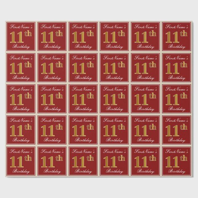 Papier Cadeau Elégant, Rouge, Faux Gold 11e anniversaire; Nom pe (Plat)